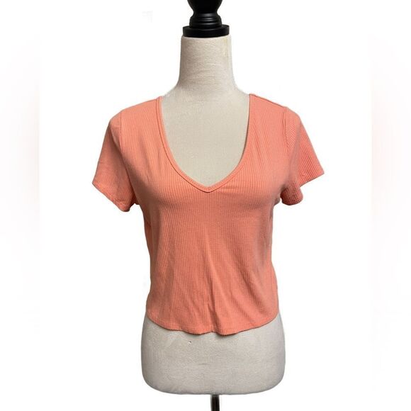 MWild Fable Peach Colored Ribbed V-Neck Short Sleeve Crop Top (Size: XL Juniors) - Picture 1 of 8